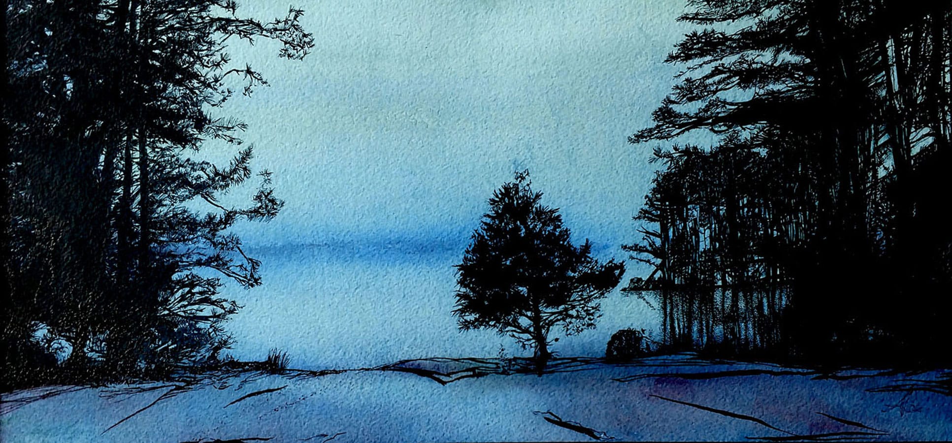 pen ink watercolor painting lake 